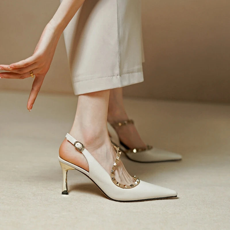Aiertu NEW Summer/Spring Women Shoes Pointed Toe Thin Heel Sandals Rivet High Heels Concise Genuine Leather Shoes Dress Shoes for Women Aiertu