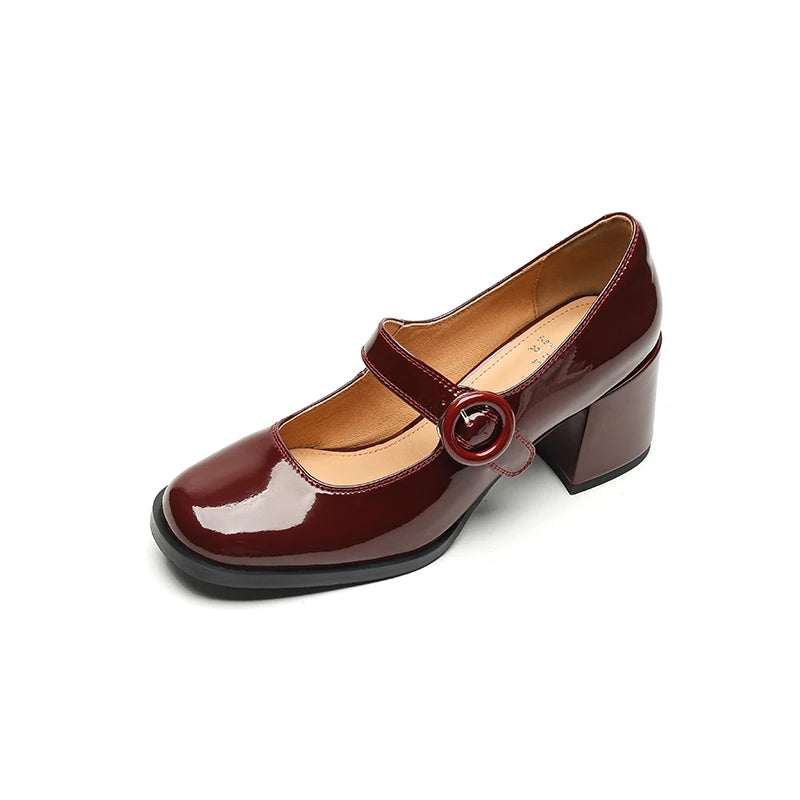 Women Pumps Thick Heels Spring Patent Leather Mary Janes Genuine Leather Round Toe Buckle Strap Retro Office Lady Shoes Woman Aiertu