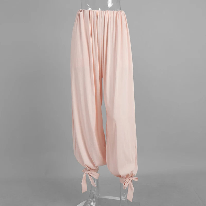 AIERTU  -  Summer Spring Strapped Lantern Pants High Waist Elastic Loose Sweet Girl's Party Long Ruched Pink Trousers Clubwear Aiertu