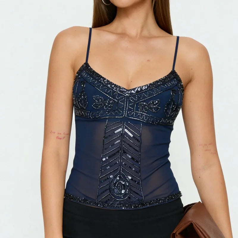 AIERTU  -  Summer Women Y2K Sheer Mesh Tank Top Sequinned Camisole Slim Fit V Neck Spaghetti Strap Going Out Tops Streetwear Aiertu