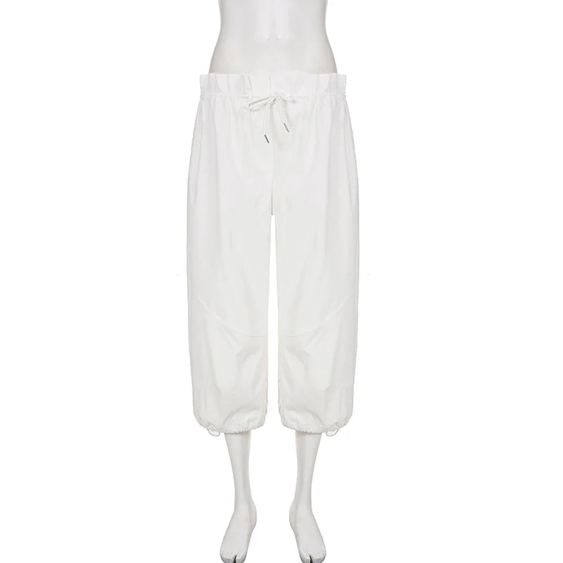AIERTU  -  Street Style Casual Pure White Drawstring Calf-length Cargo Pants Ruched High Waist Fungus Edge Elastic Fashion Loose Pants Aiertu