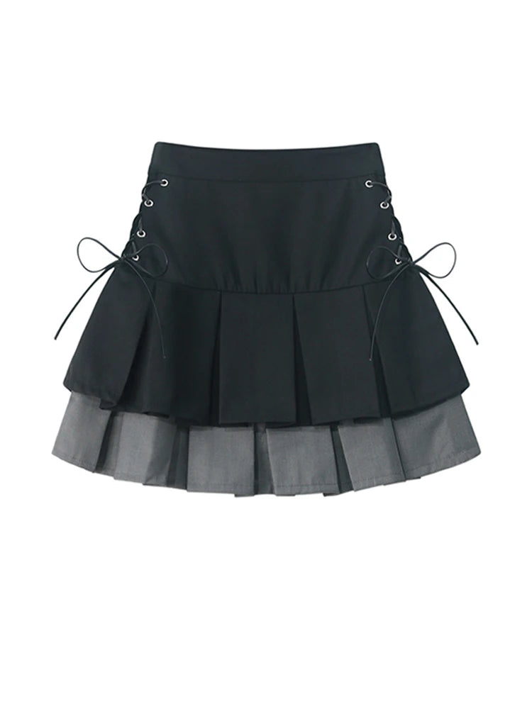 Aiertu Women's Pleated Skirt Kawaii Gothic Black Mini Skirt Korean High Waist Y2k Harajuku Vintage Bandage A-line Skirt Clothes Summer Aiertu