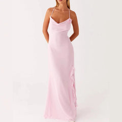AIERTU  -  Women'S Summer Pink Slim Suspenders Straps Rose Appqulie Sleeveless Dress V-Neck  Flowers Split Ruffles Maxi Dress Elegant Party Aiertu