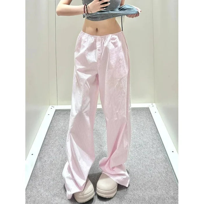 AIERTU  -  New Ins Korean Style Pink Striped Wide Leg Pants Women High Waist Loose Plus Size Casual Long Pants Summer Lounge Trousers Aiertu