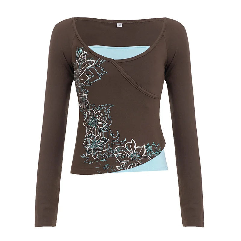 AIERTU  -  Spring Fake Two Big V-neck T-shirt Tight Spice Girl Temperament Retro Long-sleeved Top Aiertu