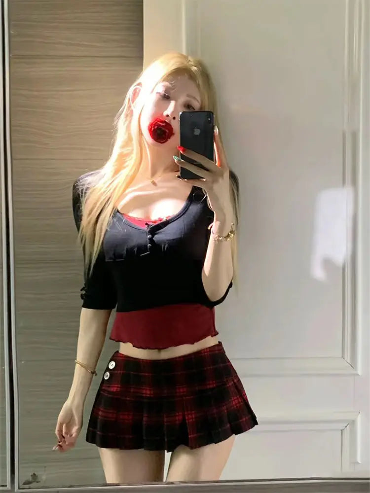 Aiertu Academy style color matching women's set short spicy two piece sets 2024 womens outifits low waisted plaid skirt sets Aiertu
