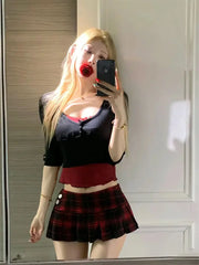 Aiertu Academy style color matching women's set short spicy two piece sets 2024 womens outifits low waisted plaid skirt sets Aiertu
