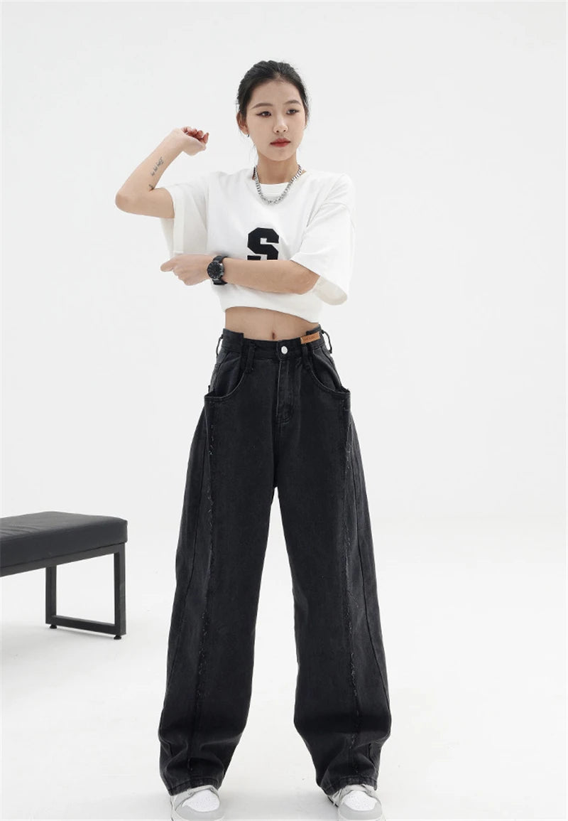 Aiertu 2024 Women Baggy  Long Jeans Harajuku Black Wide Leg Trousers Streetwear Vintage High Waist Denim Pants Big Pocket Y2k Feamle Aiertu