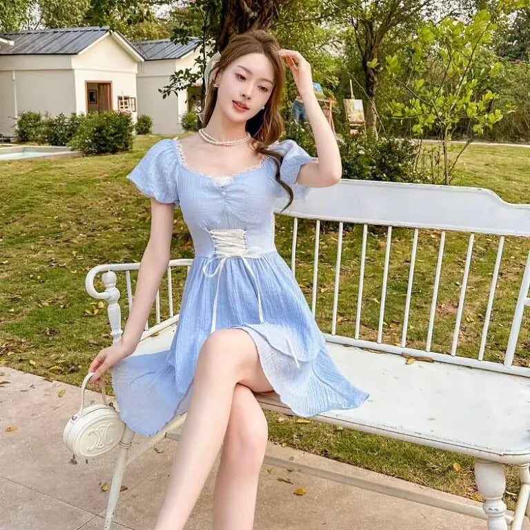 Aiertu Square Collar Dresses Women 2024 Summer Korean Sexy Slim Elegant Fashion Casual Short Sleeve High Waist Fairy Dress Trend Aiertu