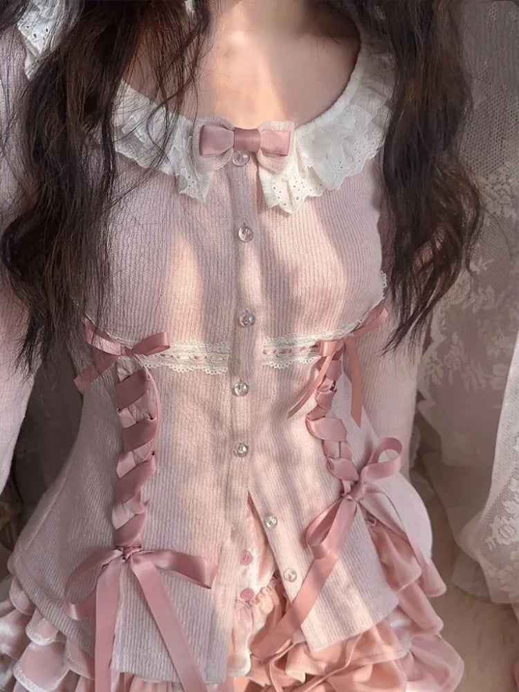Aiertu Fashion Sweet Longsleeve Lace Up Slim Fit Knitted Tops Women+ High Waist Ruched Mini Cake Skirts 2024 Summer New Two Piece Sets Aiertu