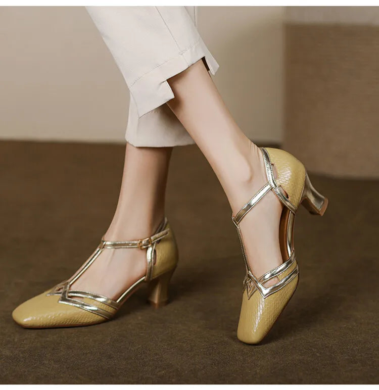 Aiertu Summer Sandals Women Square Toe Chunky Heel Women Shoes Genuine Leather Shoes Retro High Heel Designer Sandals Aiertu