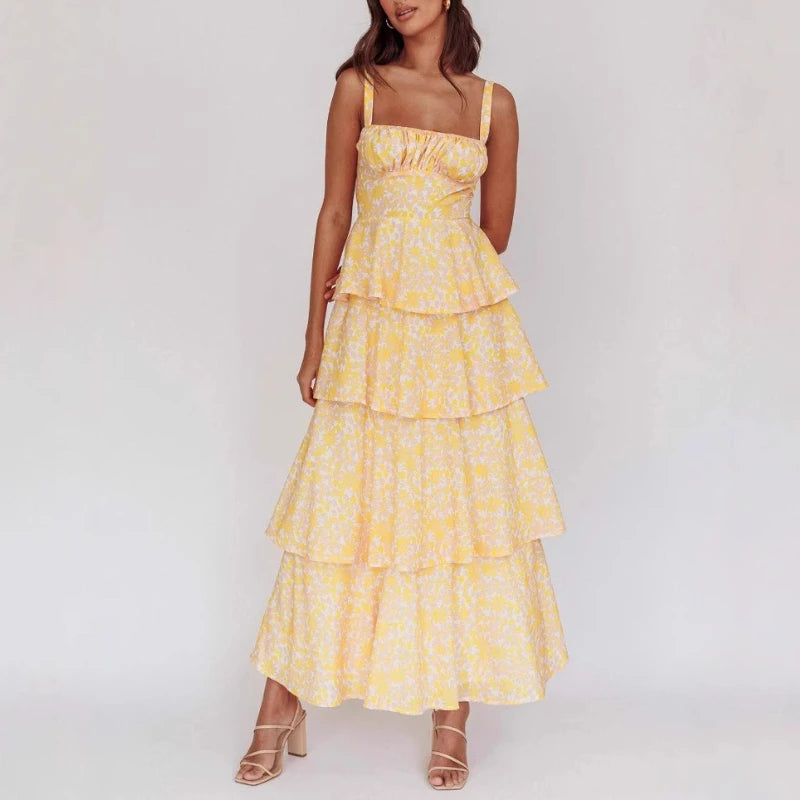AIERTU  -  Cake Dress Floral Printed Sleeveless Straps U Neck Tank A Line Slim Waist Strap Tierred Holiday Beach Summer Long Dress Women Aiertu