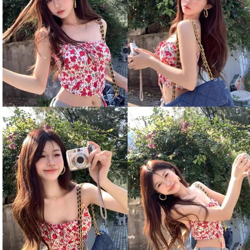 AIERTU  -  New Women Sweet Y2K Floral Print Crop Cami Top Backless Tie Up Sleeveless Slim Fit Summer Casual Outerwear & Innerwear Aiertu