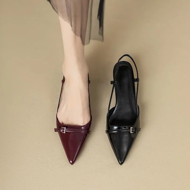 2024 New Summer French Wine Red Pointed Patent Leather Mid-heel Overhead Sandals for Women Retro Skinny Heel Back Empty Shoes Aiertu