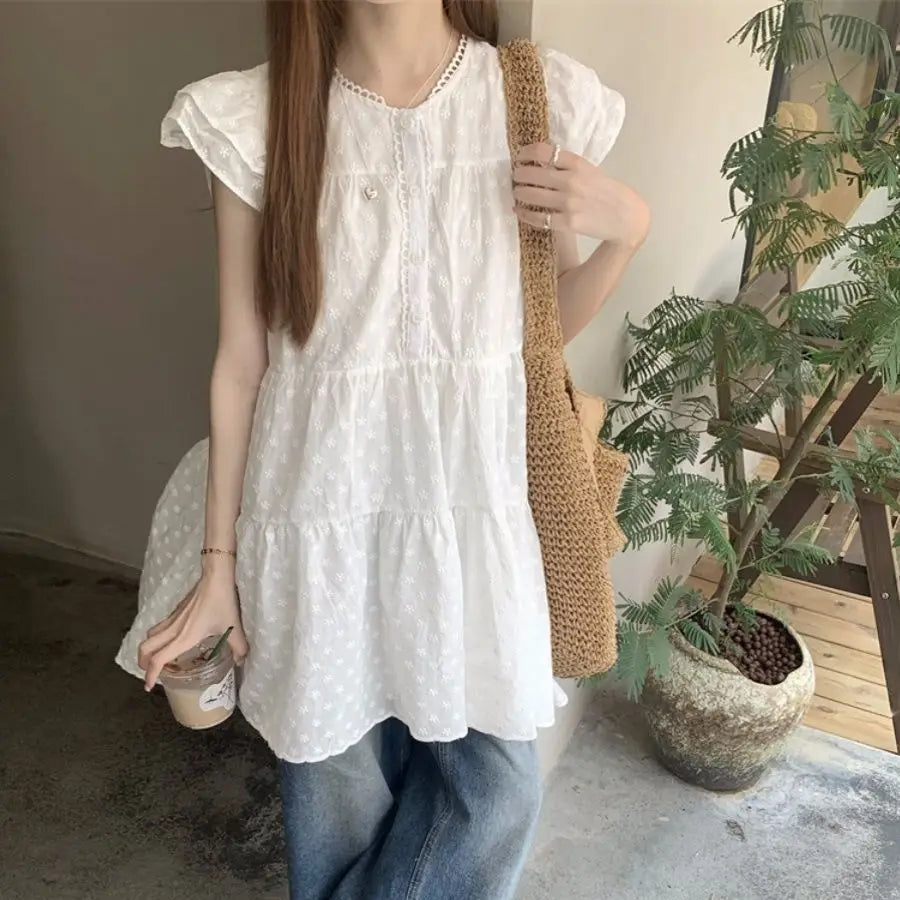 AIERTU  -  Sweet Wind White Embroidery Dress Women's Summer New Stacked A-shaped Cake Dress Aiertu