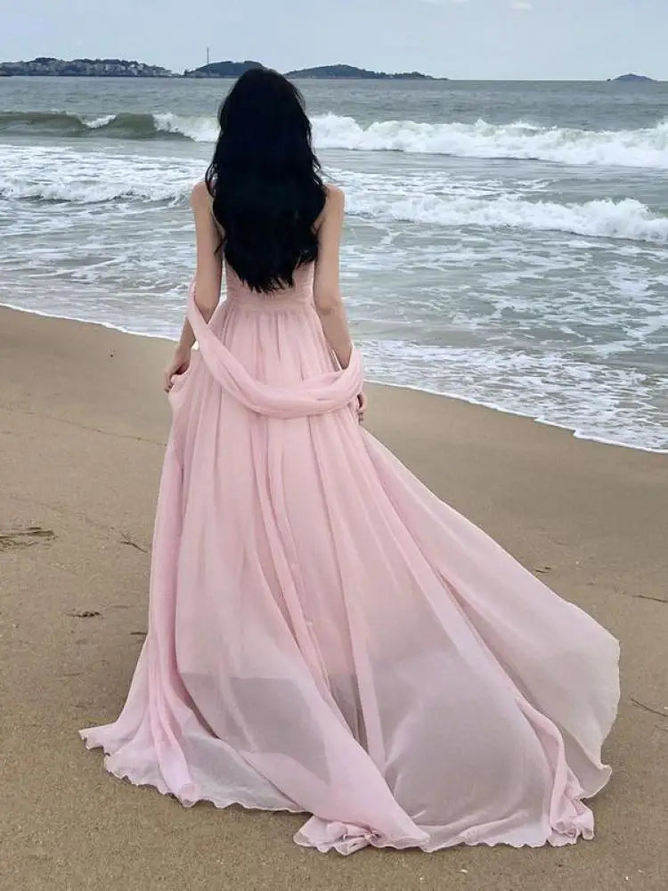 Aiertu Summer Pink Elegant Pleated High Waist Split Long Dress Women Fashion Backless Halter Strapless Fairy Dress Female 2024 Vestido Aiertu