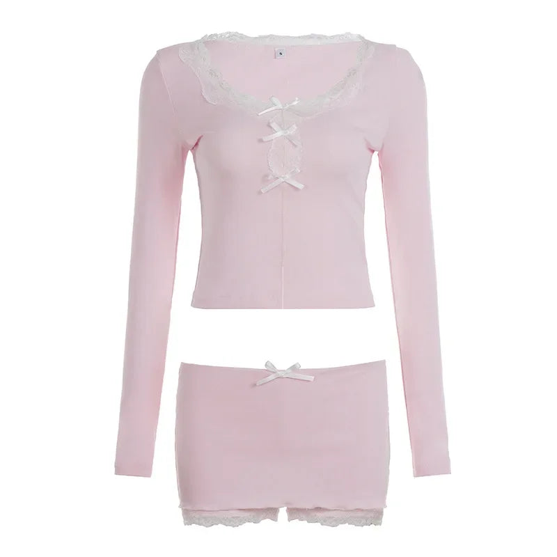 AIERTU  -  Pure Lust Style Low-cut Lace Bow Patchwork Top, Hip-covering Skirt and Pants Two-piece Hot Girl Casual Suit for Women Aiertu