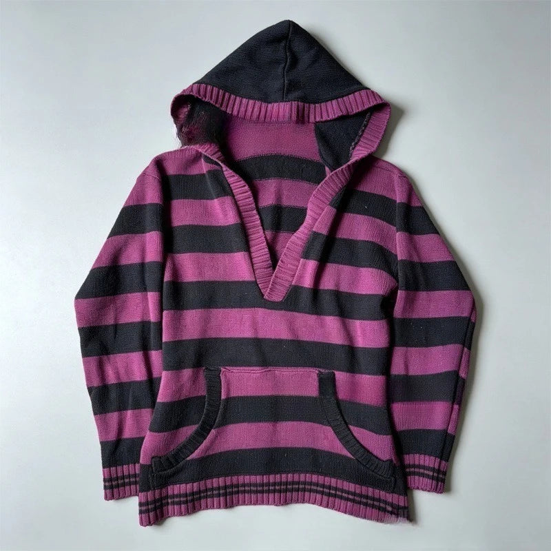 AIERTU  -  Women Y2K Striped Sweater V Neck Pocket Harajuku Gothic Purple Black Knit Pullovers American Vintage Fall Winter Pill Femme Aiertu
