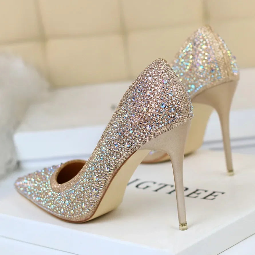 Women 10cm High Heels Stripper Bling Crystal Escarpins Pumps Lady Stiletto Wedding Bridal Fetish Rhinestone Gold Pink Prom Shoes Aiertu