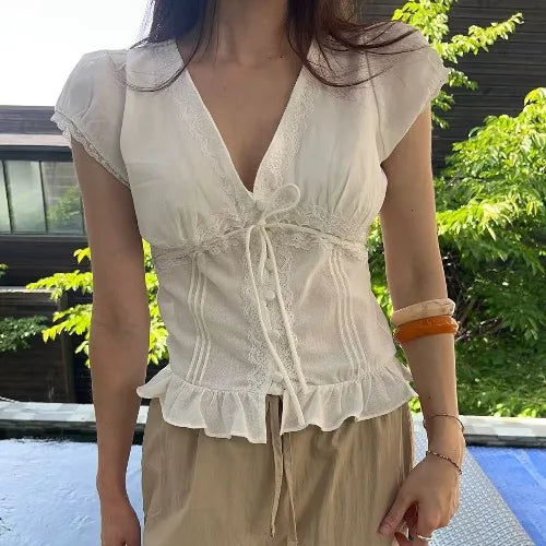 AIERTU  -  Fashionable Korean Style Splice Lace Trim Slim Fit Short Sleeve Top Women's Shirt Versatile Style Summer Deformation Aiertu