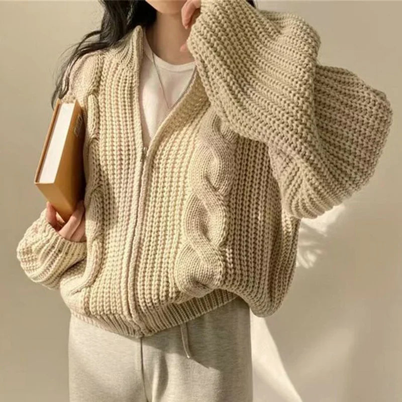 Aiertu FALL OUTFITS Chic Zipper Up Knitted Cardigan Women Autumn Winter Solid Color Twisted Sweater Woman Wild Long Sleeve Jumper Coats Mujer Aiertu