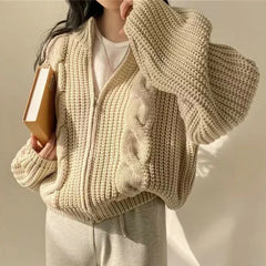 Aiertu FALL OUTFITS Chic Zipper Up Knitted Cardigan Women Autumn Winter Solid Color Twisted Sweater Woman Wild Long Sleeve Jumper Coats Mujer Aiertu