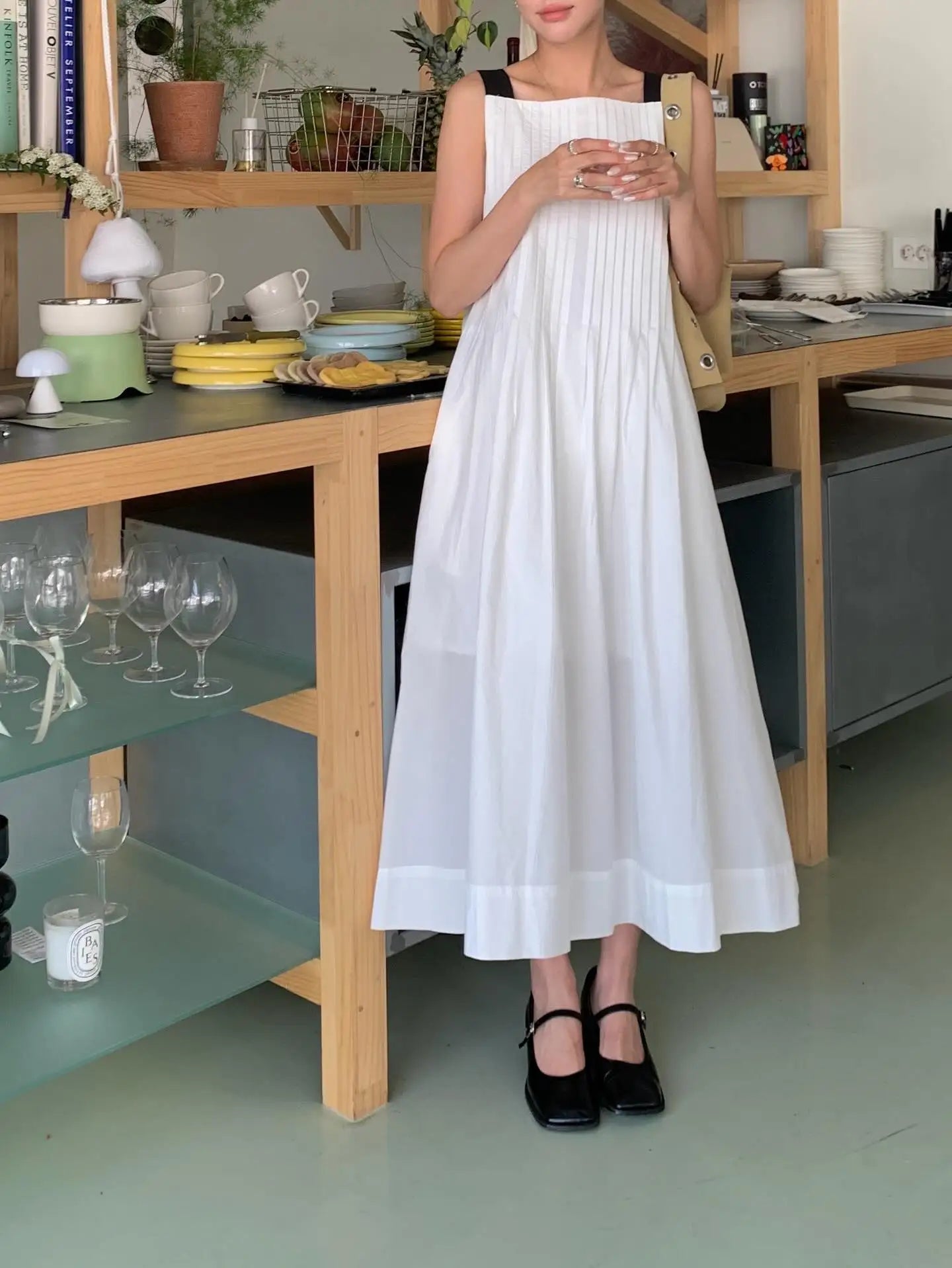 AIERTU  -  Korean Style Chic Versatile Color Block Wide Shoulder Strap Pleated Design Dress Street Style Summer Casual Women's Dress Aiertu
