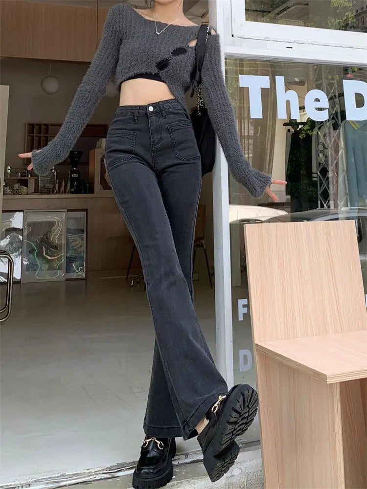 Aiertu Black Gray High-waisted Flared Jeans Women's Retro Straight Elastic Slim Slim Wide-leg Flared Pants Female Trousers Aiertu