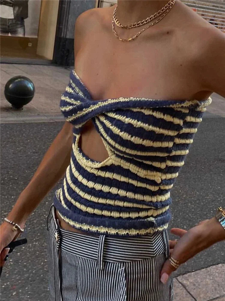 AIERTU  -  Off Shoulder Knit Tube Top Sexy Strapless Backless Bustier Tops For Women Stripe Cropped Top Hot Summer Streetwear Femme Aiertu
