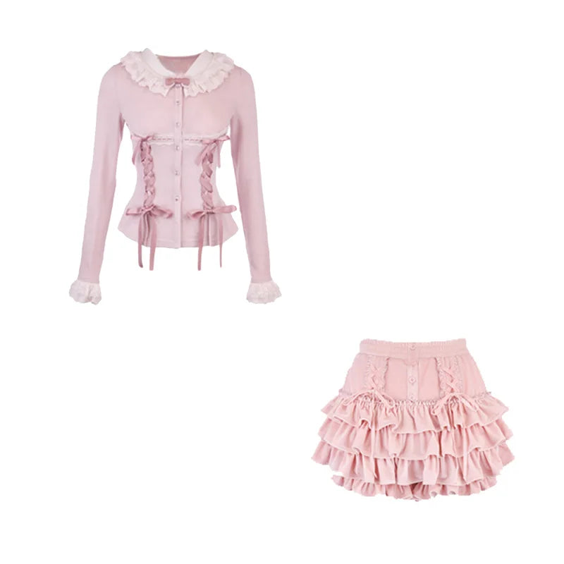 Aiertu Fashion Sweet Longsleeve Lace Up Slim Fit Knitted Tops Women+ High Waist Ruched Mini Cake Skirts 2024 Summer New Two Piece Sets Aiertu