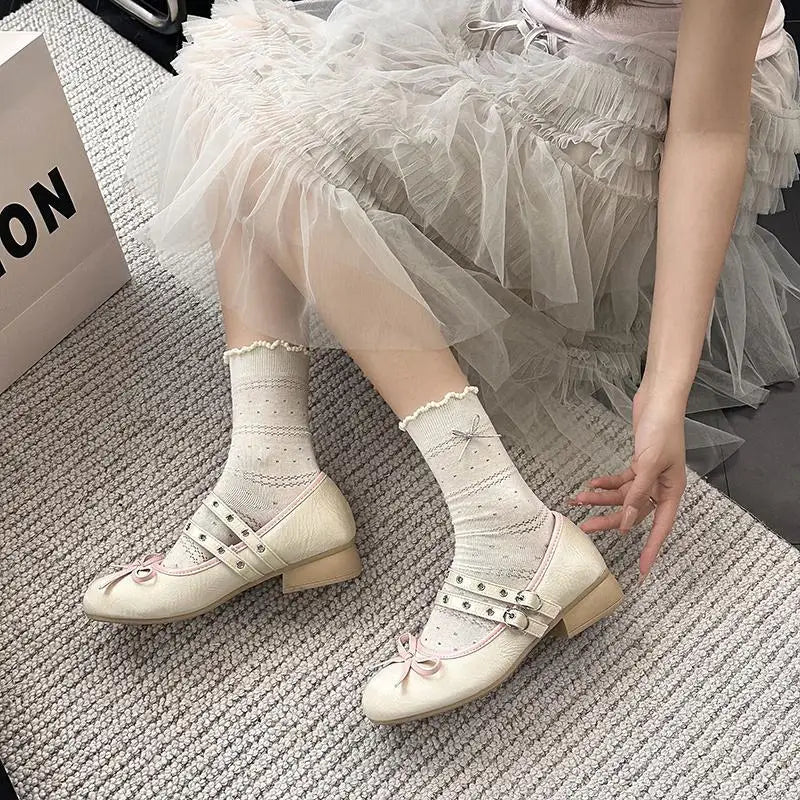 AIERTU  -  Pink Floral Pattern Low Heel Mary Jane Shoes Women Summer Comfort Silver Bowknot Ballet Flats Woman's Lolita Shoes Aiertu