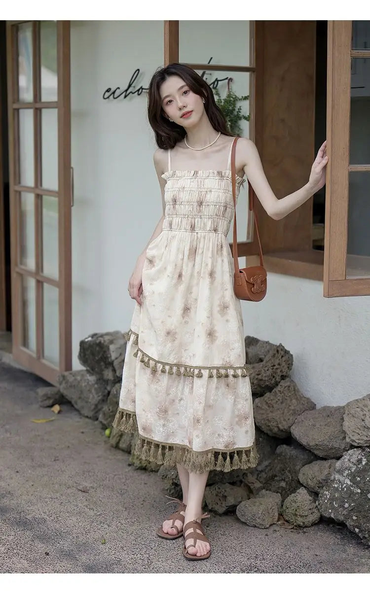 Aiertu 2024 Autumn Vintage Elegant Slip Dress Women Casual Fashion Korean Style Floral Dress Female Beach Evening Party Vacation Dress Aiertu