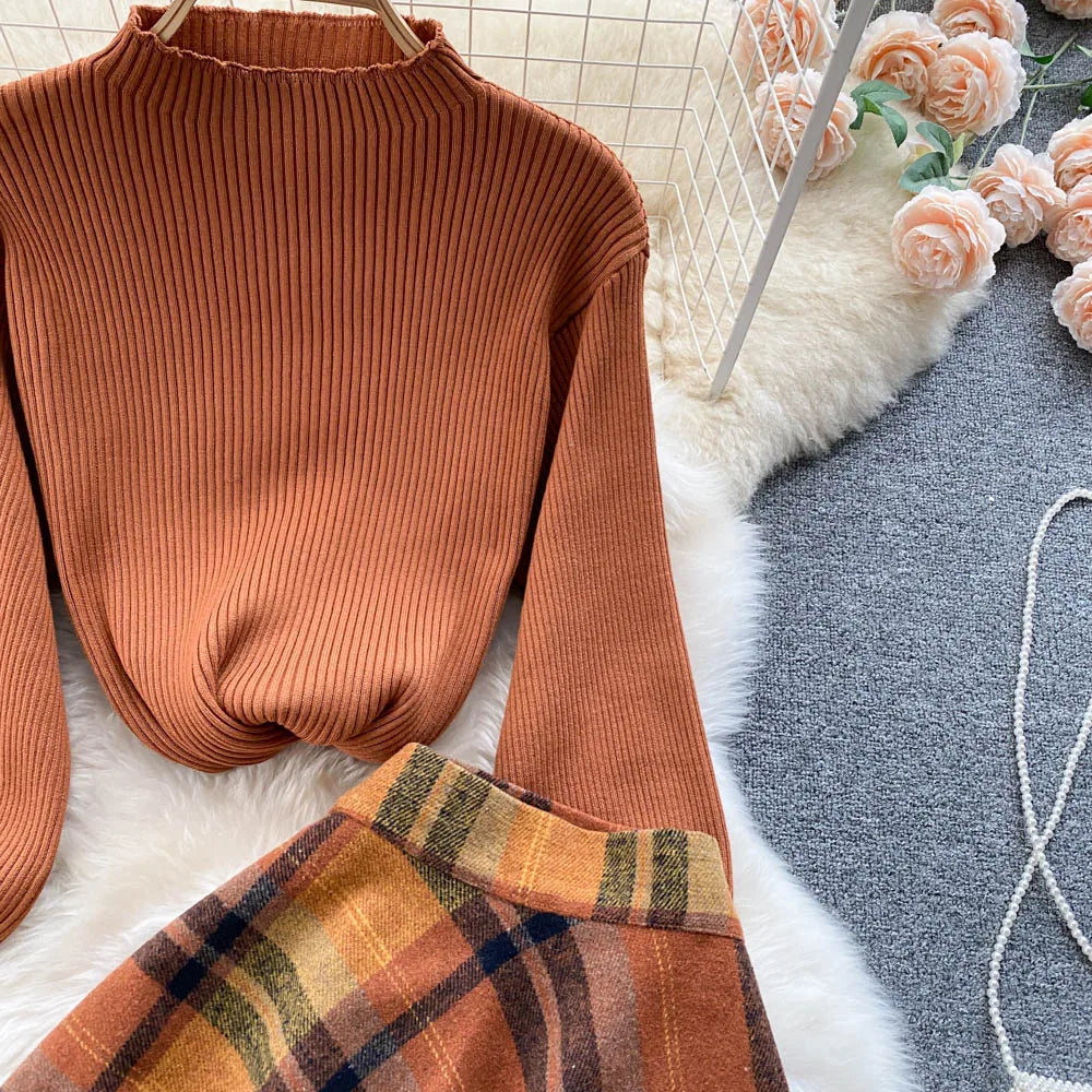 Aiertu  Women Retro Sweater Suits Fashion Lantern Sleeve Sheath Knitted Top+Elastic Loose Long Skirt Two Pieces Sets Aiertu