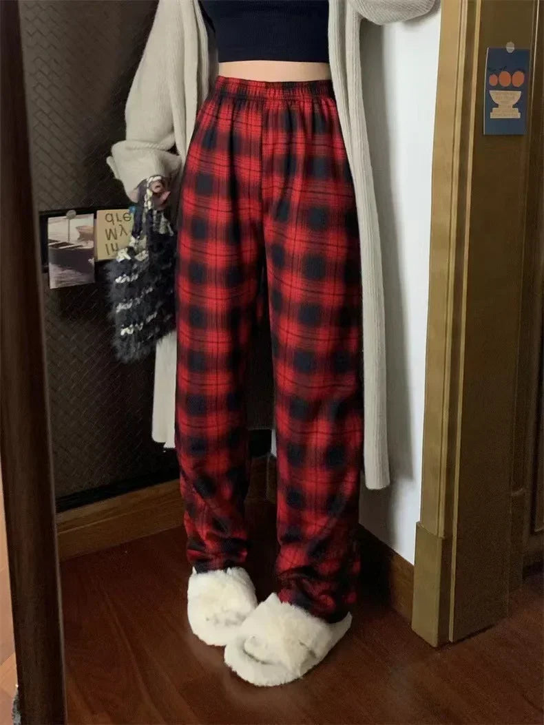 Aiertu Fashion Warm Plush Pants Cashmere Thick Plaid Ladies Winter Casual Loose Wide-legged Pants Korean Streetwear Students Aiertu