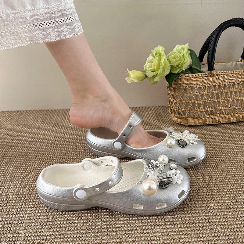 AIERTU  -  Summer Women's Slippers Luxurious Pearl Metal Flower Sparkling Designer Ballet Shoes Girls' Sandals Indoor and Outdoor Soft Aiertu