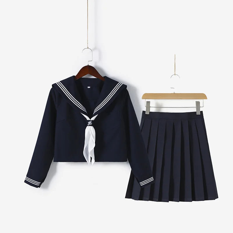 Aiertu Dark Blue Three Orthodox JK School Uniform Girls S-XXL College Style Sailor Spring Summer Suit Women Shirt Pleated Skirt Aiertu