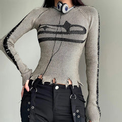 Aiertu Vintage Ripped Stitched Sweater Pullovers Harajuku Print Full Sleeve Jumpers for Women Autumn Winter Knitwears Streetwear Aiertu