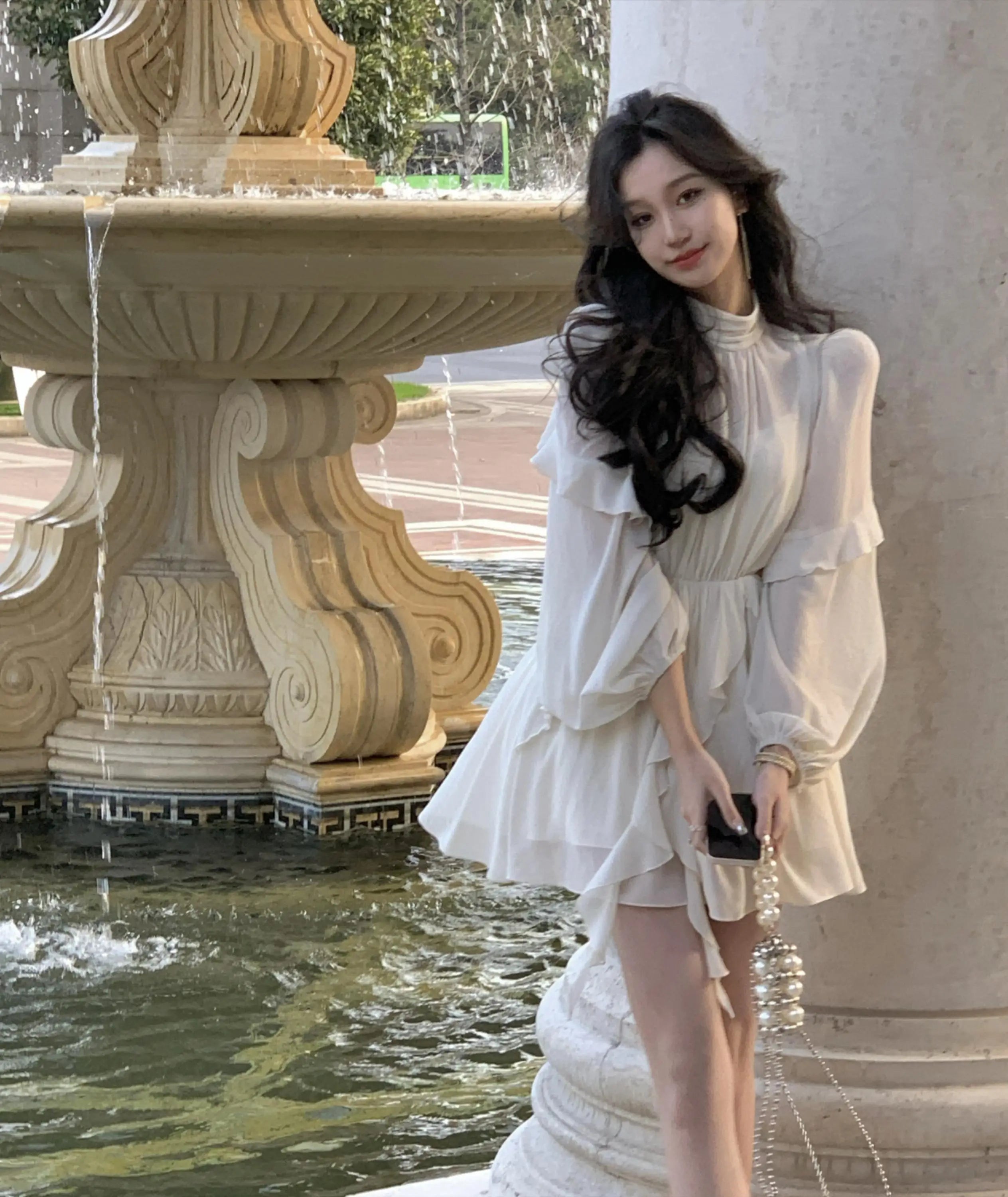 Aiertu Spring Apricot Kawaii Short Dress Women Korean Style Long Sleeve Mini Dresses Fairy Ruffles Turtleneck Evening Party Dress Boho Aiertu