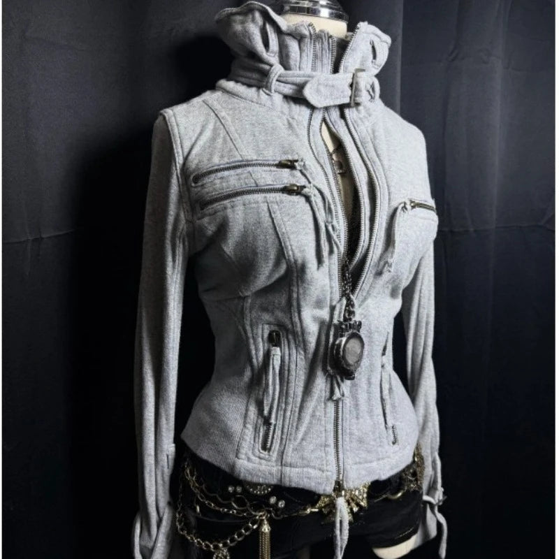 AIERTU  -  Women's Y2K Hoodie Grey Slim Fit Waist Cinched Zip Up High Neck Multi Zipper Streetwear Cropped Sweatshirt Fall Sudaderas Aiertu