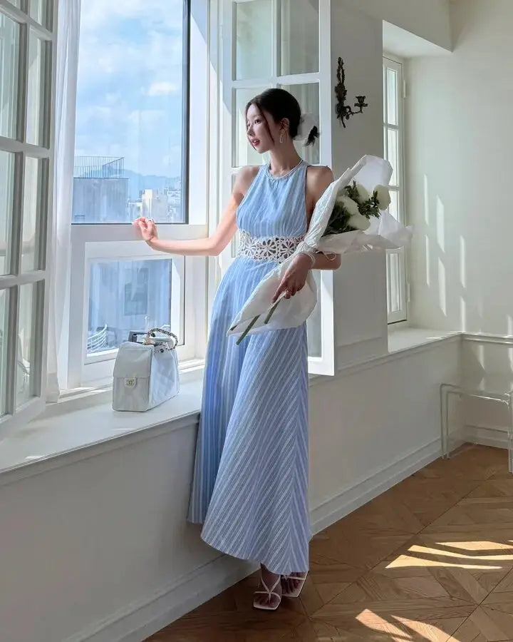 AIERTU  -  Women Dress Striped Pattern Waist Hollow Lace Splicing Backless Sleeveless Vest A-line Round Neck High Waisted Casual Long Dress Aiertu