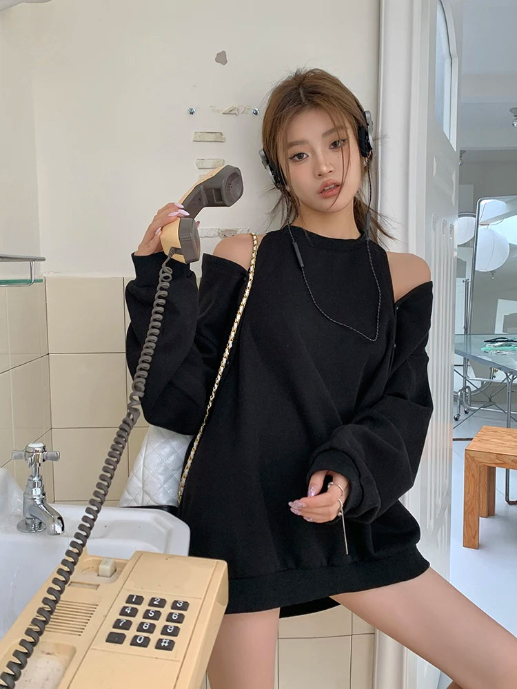 Aiertu Women Black Elegant Long Sleeve Button Off Shoulder T Shirt Casual For Spring Autumn Gray Round Neck Loose Pullover Tops Fashion Aiertu