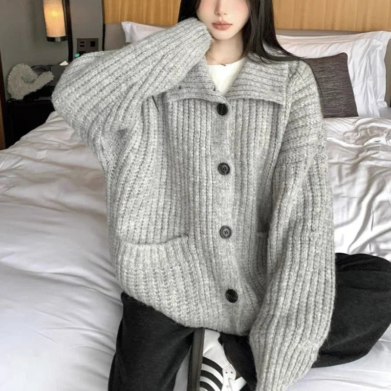 Aiertu Loose Lazy Sweater Women Twist Fashion Knit Autumn Winter Warm Cardigan Harajuku Stand Collar Gray Vintage Female Jumpers aiertu