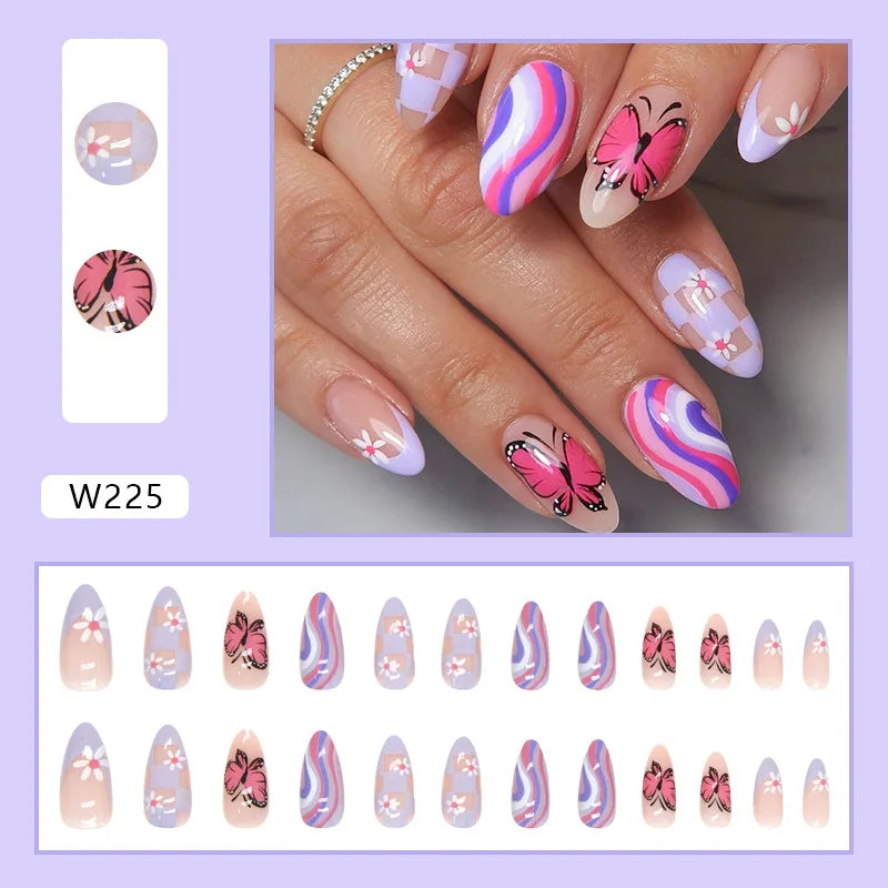 Aiertu 24pcs/Box Ballerina Nail Tip Purple with Design Manicure Patches Fresh Floral Almond False Nails Press on Med Nails Detachable Aiertu