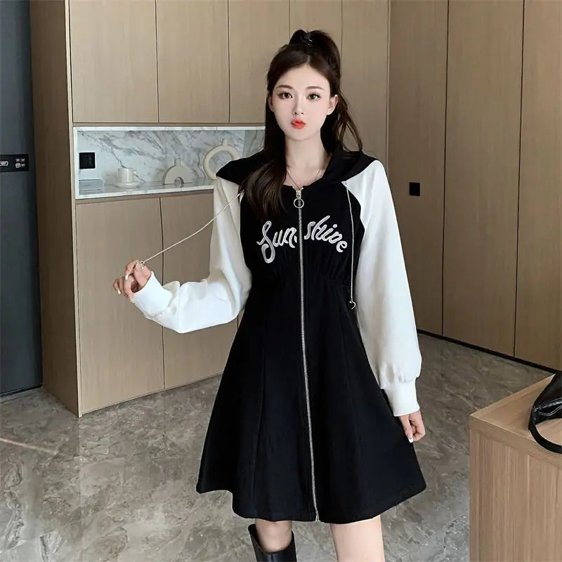 Aiertu Korean Style Oversize Hooded Dress Women Preppy Style School Student Casual Letter Sport Mini Short Dresses Autumn Aiertu