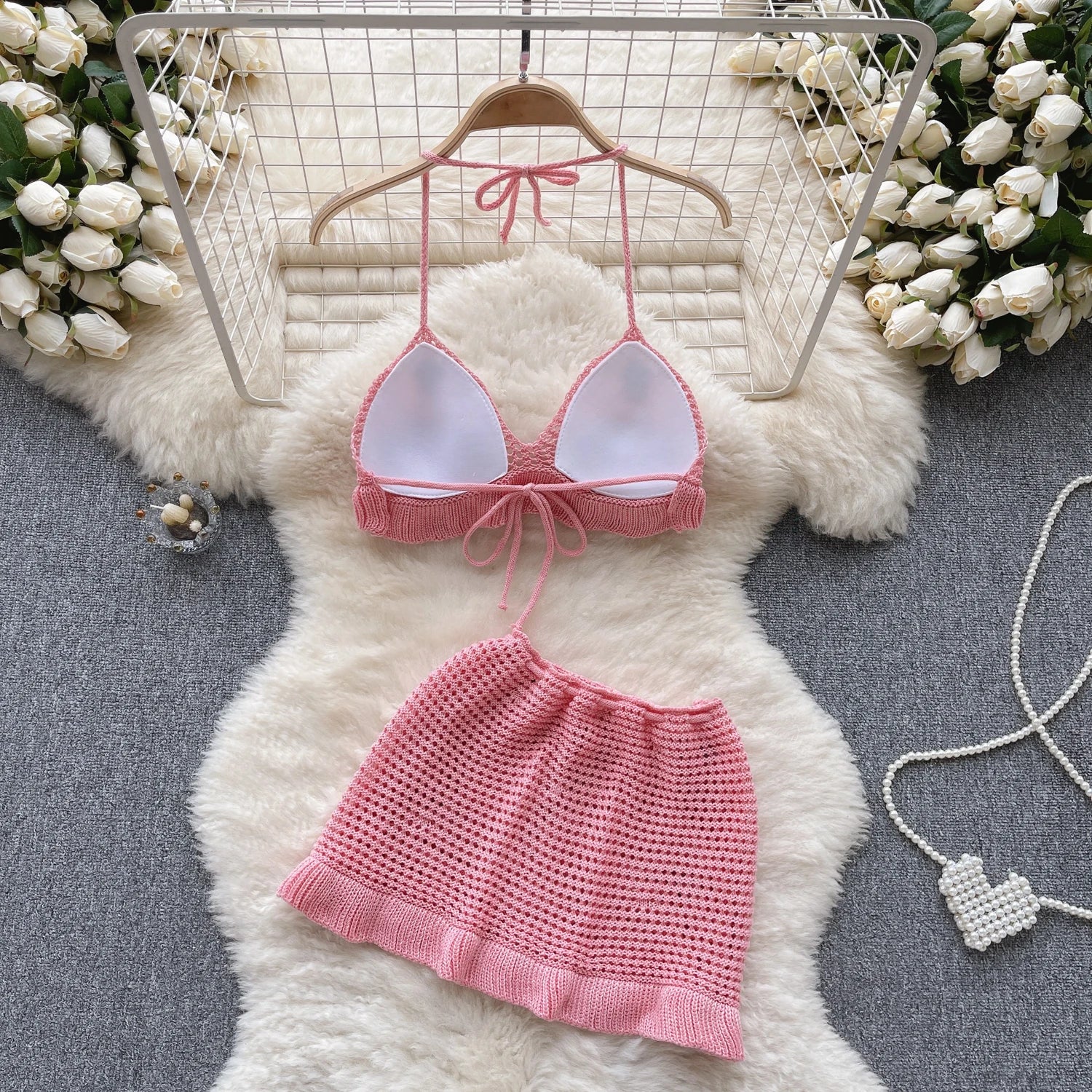 Aiertu  Strawberry Sweet Beach Two Pieces Sets Halter Backless Camis+Short Skirts Fashion Hook Flower Hollow Out Beach Suits Aiertu