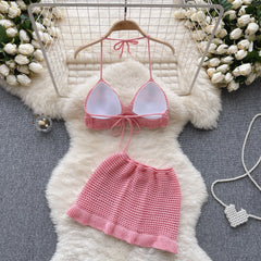 Aiertu  Strawberry Sweet Beach Two Pieces Sets Halter Backless Camis+Short Skirts Fashion Hook Flower Hollow Out Beach Suits Aiertu