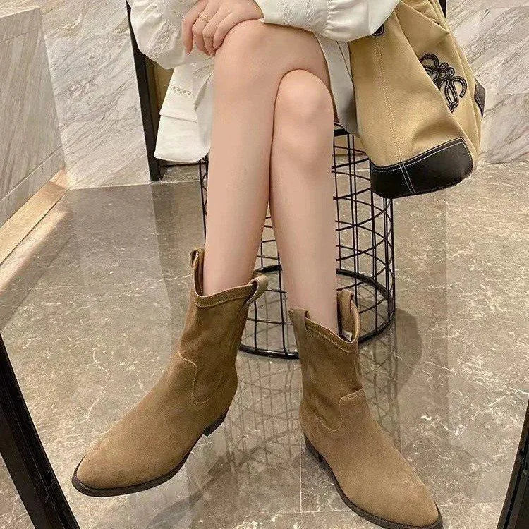 Boots Women New Shoes Luxury Designer silver  Ankle Fashion Pointy Med Ladies Rubber Autumn Rome Hoof Heels Flock Solid Sli Aiertu