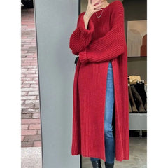 AIERTU  -  Women's Red Oversized Chunky Knit Maxi Sweater Dress Long Sleeve Loose Fit Casual Warm Autumn Winter Knitwear Gown Aiertu