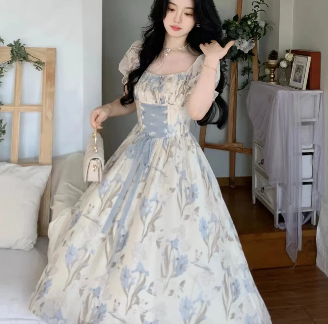 Aiertu Elegant Floral Print Midi Dresses for Women 2024 Summer New Vintage Fashion Slim Casual Birthday Party Lace-up Female Clothing Aiertu