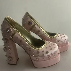 AIERTU  - High-Fashion Custom Blush Satin Platform Heels Purple Gem Crystal Gold Trim & Chunky Block Heel Sweet Elegant Red-Carpet Looks Aiertu
